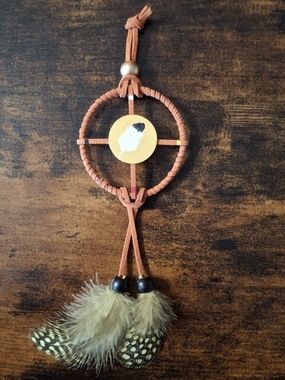 Handcrafted Feather Native Medecine Wheel Wall Hanging - Burnt Orange & Yellow